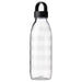 Clear water bottle with a black cap on a white background