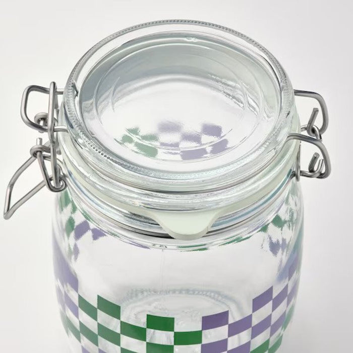 Digital Shoppy Transparent glass jar, 1 liter capacity, adorned with a lively green and lilac pattern, includes a matching lid   20553759