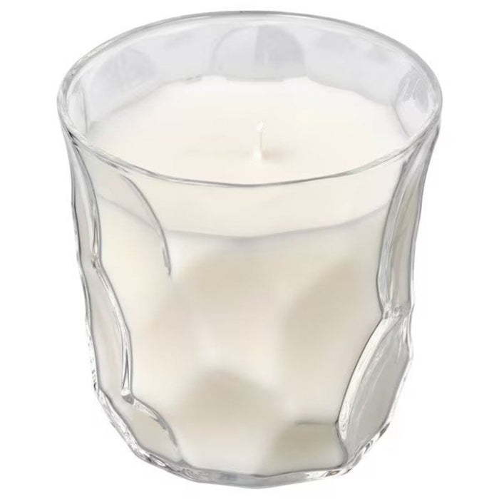 IKEA BASTUA Scented candle in glass, Rhubarb elderflower/white, 35 hr