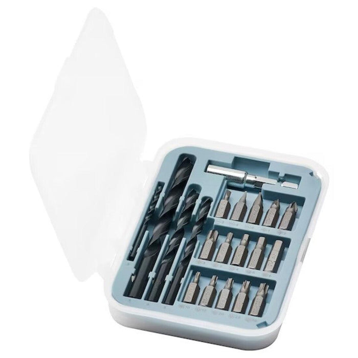 A drill bit set in a white plastic case with a transparent lid. The set includes various sizes of drill bits and screwdriver bits arranged neatly in compartments-50568085