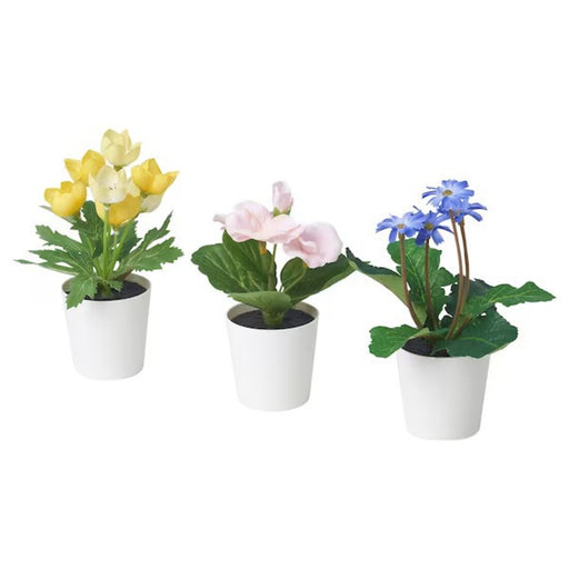 Set of 3 FEJKA Artificial Potted Plants in vibrant yellow, pink, and purple hues