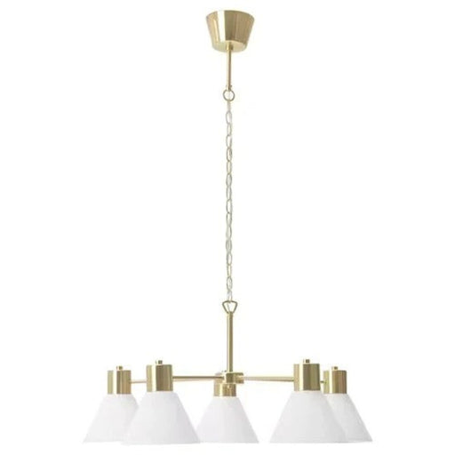 FLUGBO 5-arm brass chandelier with glass shades hanging from ceiling
