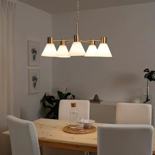 Contemporary 5-arm hanging light in brass and glass for bedrooms, Dining halls or living rooms