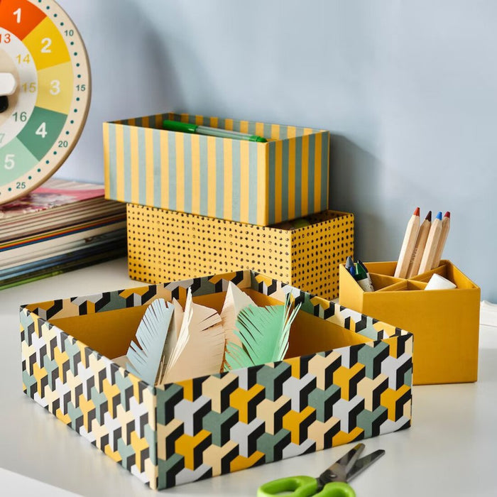Vibrant patterned boxes for organizing toys and accessories from IKEA