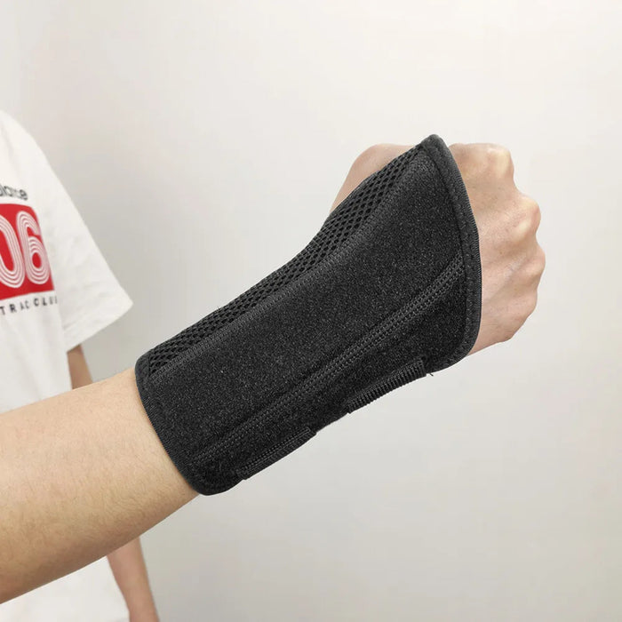 A black wrist strap worn on the right hand, designed to provide compression and protection for injuries like sprains or fractures. The strap features adjustable Velcro fasteners for a secure fit and is made from breathable and durable materials. Its ergonomic design ensures both comfort and stability, making it suitable for sports, rehabilitation, and daily activities-1598445819031