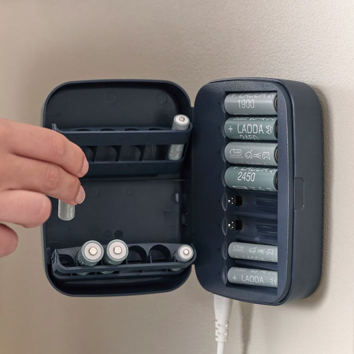 IKEA LITOSFÄR Battery charger with storage, dark blue with LADDA Rechargeable battery,1900 HR06 AA 1.2V