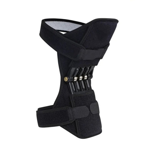 A black knee brace featuring durable straps and a spring-loaded mechanism for advanced knee support. Designed for enhanced stability and flexibility, it provides compression and protection, making it ideal for individuals recovering from injuries or engaging in physical activities. Ergonomic and breathable, suitable for sports and daily use-1598448636280