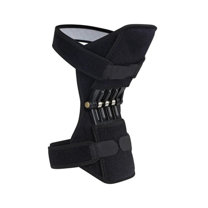 A black knee brace featuring durable straps and a spring-loaded mechanism for advanced knee support. Designed for enhanced stability and flexibility, it provides compression and protection, making it ideal for individuals recovering from injuries or engaging in physical activities. Ergonomic and breathable, suitable for sports and daily use-1598448636280