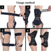 A step-by-step guide on using a knee brace with a rebound spring mechanism. The image illustrates four steps: wrapping the strap around the thigh, securing the brace on the knee with adjustable straps, fastening the lower strap on the leg, and ensuring the brace fits snugly for optimal joint support and stability during physical activities or recovery.-1598448636280