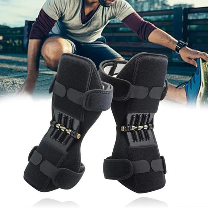 A pair of black knee braces equipped with spring-loaded mechanisms for enhanced joint support and stability. These ergonomic braces feature adjustable straps for a secure fit and breathable materials to ensure comfort during physical activities or injury recovery. Designed to reduce strain and promote mobility, they are ideal for sports and rehabilitation-1598448636280