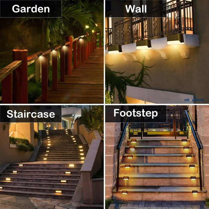 Four applications of outdoor solar lighting: Garden pathway illuminated by post-mounted lights, wall-mounted lights under balconies, staircase with embedded step lighting, and footstep illumination highlighting each stair riser. Designed for patios, stairs, gardens, and walkways with waterproof solar-powered LED technology- 15984486954601239016
