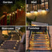 Four applications of outdoor solar lighting: Garden pathway illuminated by post-mounted lights, wall-mounted lights under balconies, staircase with embedded step lighting, and footstep illumination highlighting each stair riser. Designed for patios, stairs, gardens, and walkways with waterproof solar-powered LED technology- 15984486954601239016
