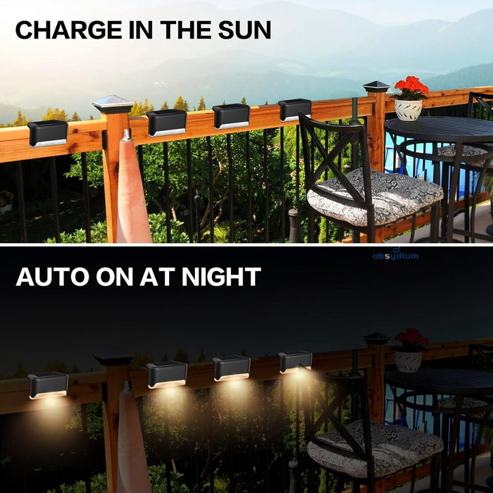 Solar-powered LED deck lights attached to a wooden railing, charging in sunlight during the day. At night, the same lights automatically illuminate, casting a warm glow downward. Designed for energy-efficient outdoor lighting on patios, stairs, gardens, and pathways.- 15984486954601239016
