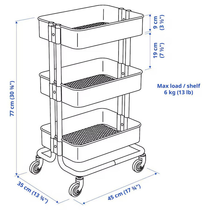 Dimensions of RÅSKOG Trolley, grey-blue, 35x45x77 cm (13 3/4x17 3/4x30 3/8 ")  40586787