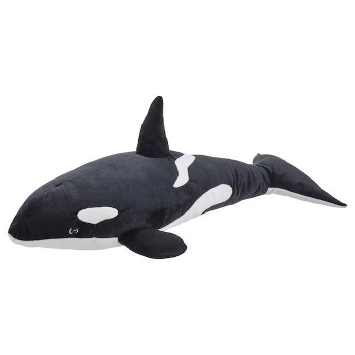 A close-up photo of the IKEA Soft Toy Orca/Black White, showcasing its striking black and white coloration and friendly expression.