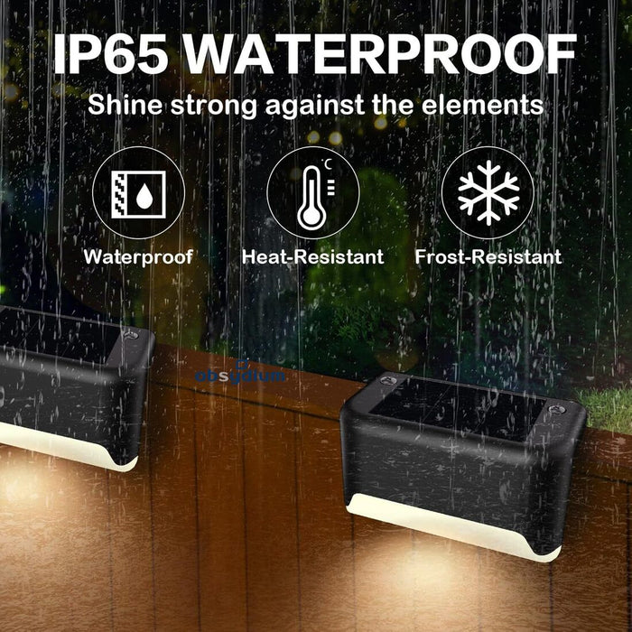Two waterproof LED solar lights mounted on a wooden surface, with rain falling around them. The image highlights key features: IP65 waterproof rating, heat resistance, and frost resistance, making them durable for outdoor use- 15984486954601239016

