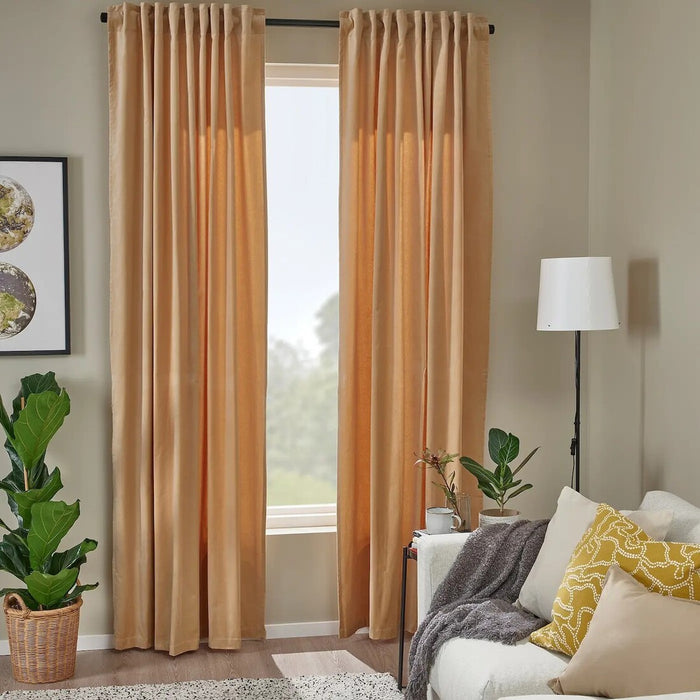 IKEA SANELA curtains, beige, velvet fabric, 140x250 cm, hanging elegantly in a modern living room. 40561079