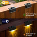 Solar-powered LED fence lights mounted on a wooden surface, demonstrating auto-charging during the day and automatic illumination at night. Energy-efficient design enhances outdoor spaces such as patios, stairs, gardens, and pathways- 15984486954601239016

