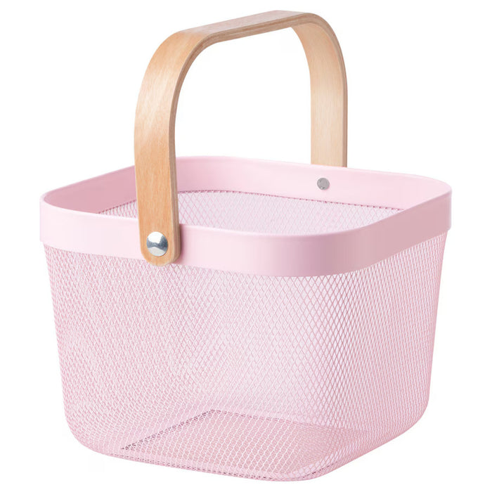 Pink IKEA RISATORP basket, 25x26x18 cm (9 ¾x10 ¼x7 "), featuring a stylish mesh design with a sturdy wooden handle. Ideal for versatile storage in kitchens, offices, or living spaces. The image includes clearly marked dimensions: width 25 cm (9 ¾"), depth 26 cm (10 ¼"), height 18 cm (7"), and total handle height 30 cm (11 ¾"). Designed for modern organization and easy portability.-60588691