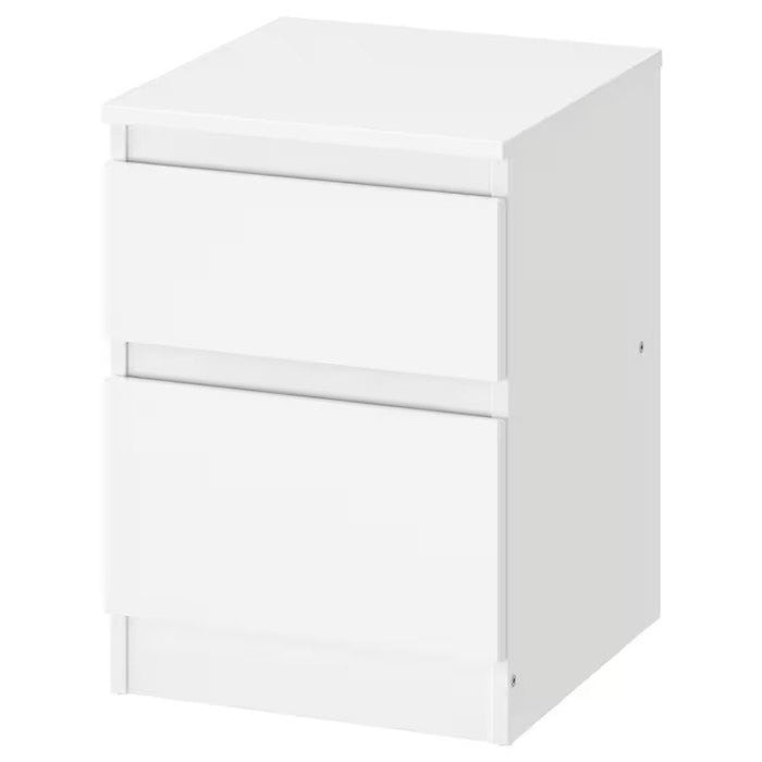 A white IKEA chest of 2 drawers in a modern and minimalist design.