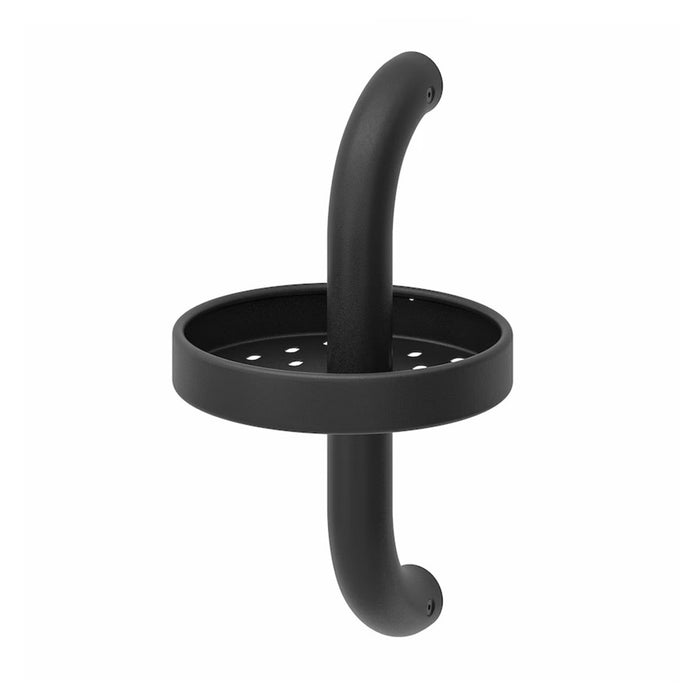 IKEA BÄSINGEN Shower Shelf – Anthracite – 16x29 cm (6 ¼x11 ½"). A black wall-mounted shower shelf with a circular perforated surface for drainage. The shelf is supported by a curved arm that attaches to the wall, providing a sleek and functional design for storing shower essentials.-90595992