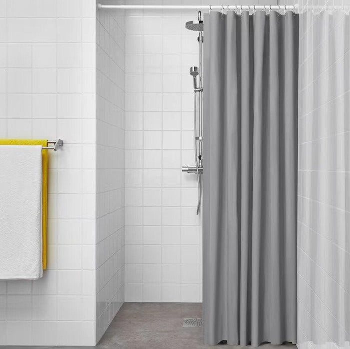 IKEA HASSJON shower curtain ring 12pack with  LUDDHAGTORN Shower curtain, grey, 180x200 cm  and BOTAREN Shower curtain rod, white, 70-120 cm