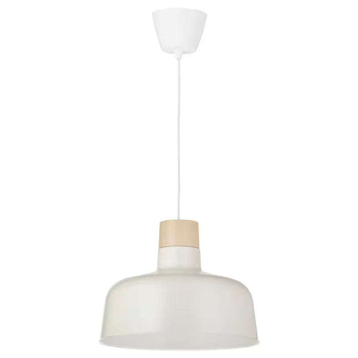 "A modern pendant lamp with a white shade and a wooden accent near the top, suspended by a white cord from a matching ceiling mount. The minimalist design and natural tones make it a versatile lighting fixture suitable for contemporary home interiors.-90488398