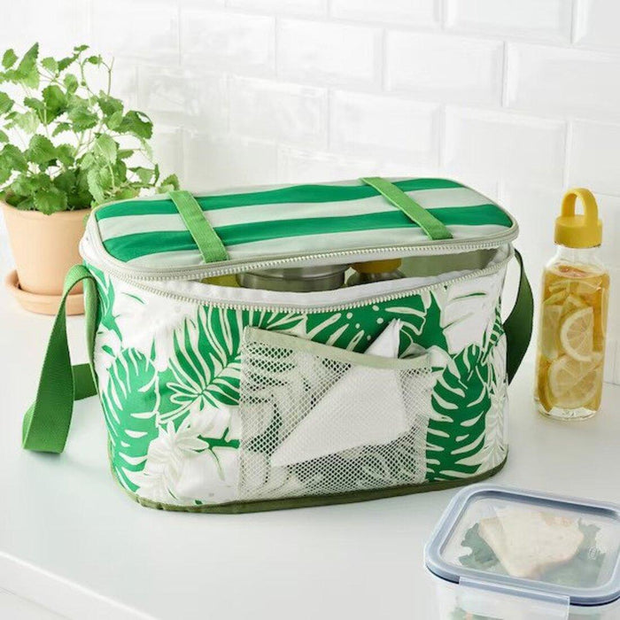 IKEA SOMMARFLOX Cooling bag, patterned/bright green, 38x26x22 cm with IKEA PRUTA Food container with lid, blue, 0.6 l