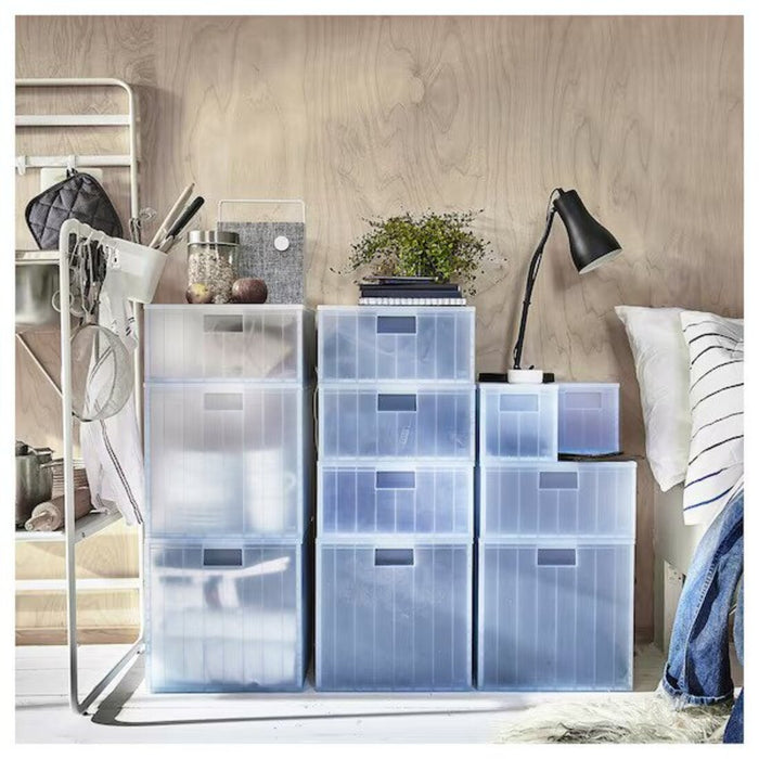 An image of an IKEA storage box with a lid, available in various sizes and colors for versatile storage options.
