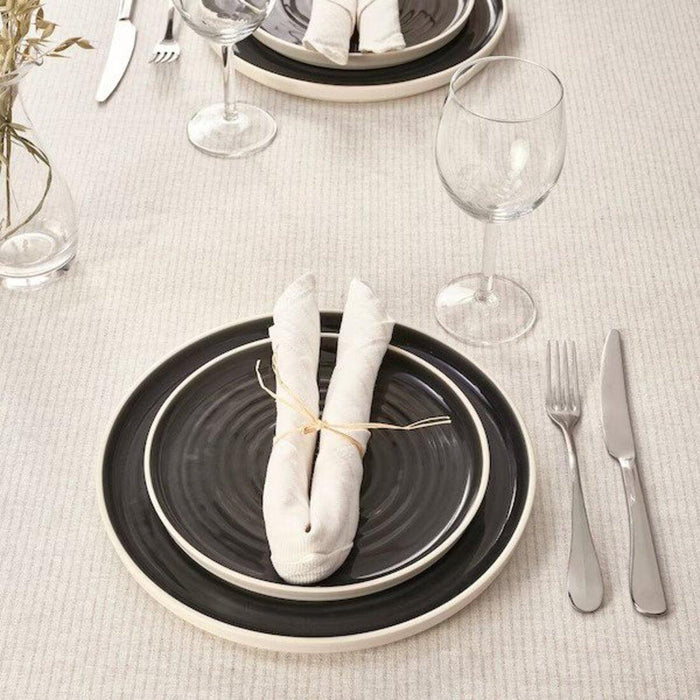 IKEA PANNÅ Placemats, Pink, 37 cm (15") - Pack of 4 with 6-Piece Deep Plate, white, 20 cm and FÖRNUFT Spoon, stainless steel, 19cm and SILVERARV Napkin, striped light beige/off-white, 35x35 cm