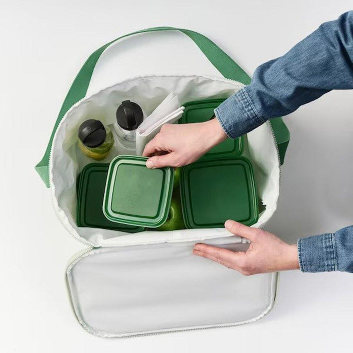 IKEA SOMMARFLOX Cooling bag, patterned/bright green, 38x26x22 cm with IKEA PRUTA Food container with lid, blue, 0.6 l