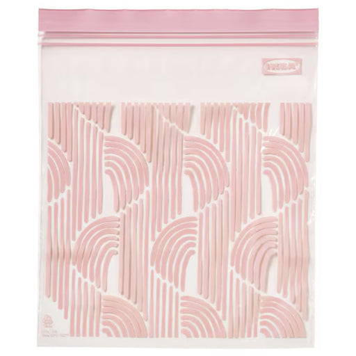IKEA ISTAD Resealable Bag – 2.5L (20 Pack) – Pale pink plastic bag with a decorative pattern of curved lines and semi-circles. Features a double-seal strip for secure closure, making it ideal for food storage, travel, and organizing household items. The IKEA logo is visible on the upper right corner.-80592710
