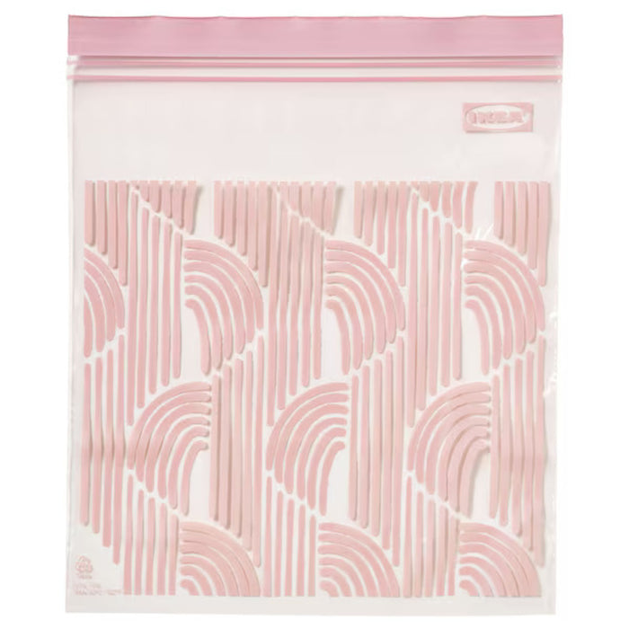 IKEA ISTAD Resealable Bag – 2.5L (20 Pack) – Pale pink plastic bag with a decorative pattern of curved lines and semi-circles. Features a double-seal strip for secure closure, making it ideal for food storage, travel, and organizing household items. The IKEA logo is visible on the upper right corner.-80592710