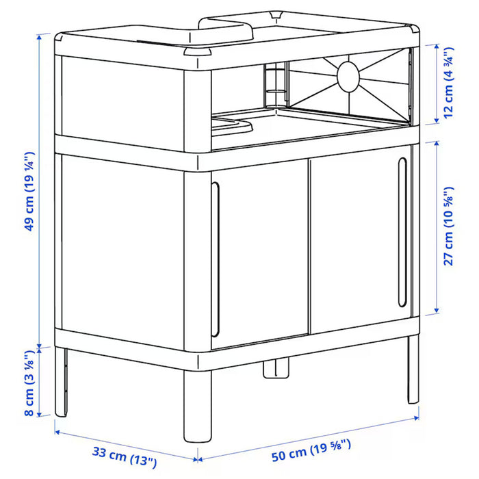 The IKEA IVÖSJÖN wash-basin base cabinet, shown in a sleek green finish, features compact dimensions of 50x33x57 cm (19 5/8x13x22 1/2 inches). The design includes sliding doors for efficient storage, supported by sturdy legs that elevate the cabinet. Detailed measurements are highlighted, making it ideal for small bathrooms, emphasizing both functionality and modern style-00597293   
