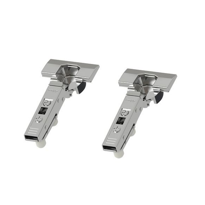 Close-up view of two silver metal hinges designed for cabinets or furniture. Each hinge features a rectangular mounting plate with visible screws for secure attachment and fine-tuning, along with a circular pivot mechanism for smooth movement. The sturdy design and adjustable features make them ideal for modern cabinetry-80271120     