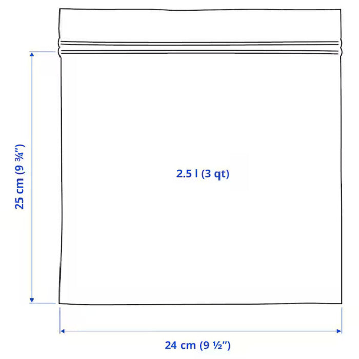 IKEA ISTAD Resealable Bag – 2.5L (20 Pack) – Transparent storage bag with a pale pink geometric pattern and a double-seal closure. Dimensions labeled: 25 cm (9 3/4 inches) in height, 24 cm (9 1/2 inches) in width, and a capacity of 2.5 liters (3 quarts). Ideal for food storage, organizing household items, and travel essentials.-80592710