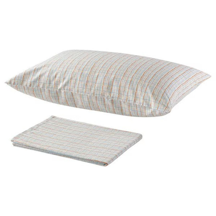 "IKEA BEDYRA flat sheet and pillowcase in orange and blue check pattern."