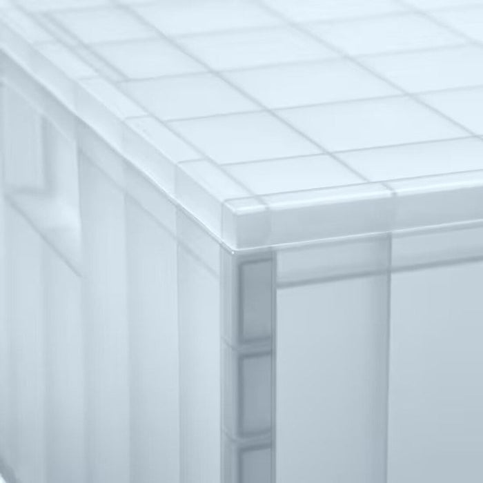 "A close-up of an IKEA storage box with a hinged lid, ideal for storing various items