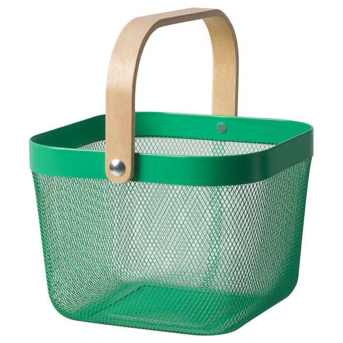 Dark green IKEA RISATORP basket, 25x26x18 cm (9 ¾x10 ¼x7 "), featuring ventilated steel mesh with a sturdy wooden handle. Ideal for kitchen, office, or bathroom storage.-00588689