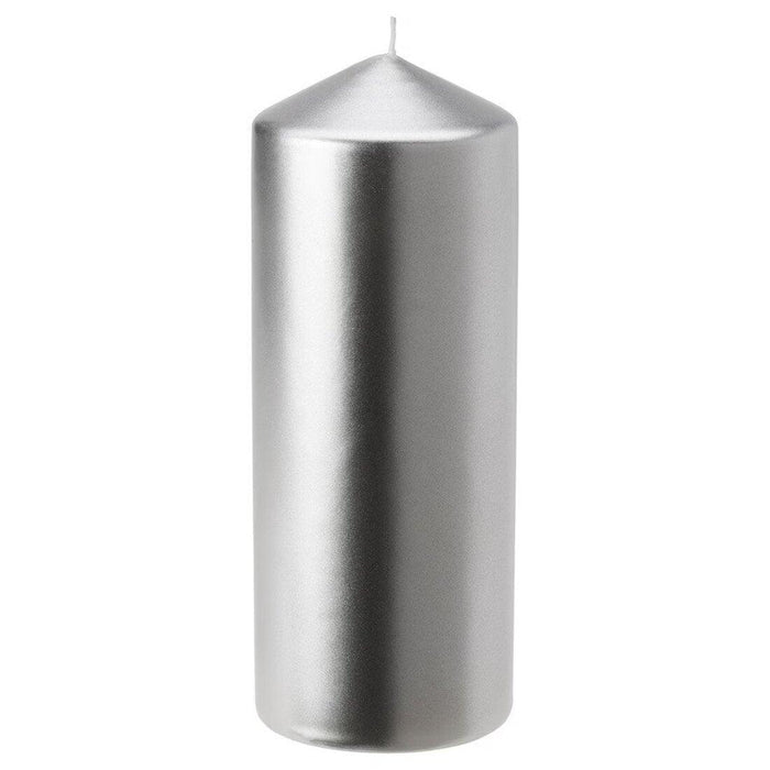 An IKEA Unscented pillar candle silver color 90528257
