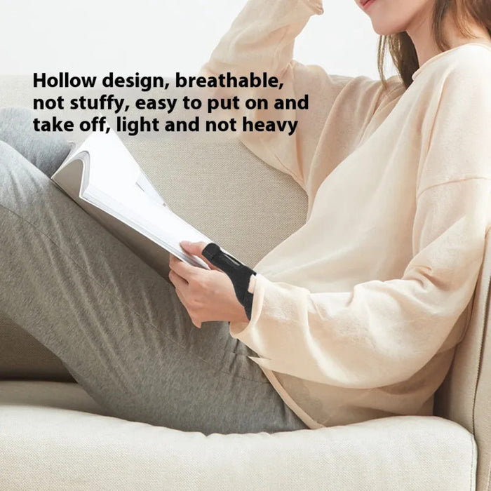 Finger holder protective sleeve with a foldable aluminum plate for thumb stabilization. Designed to restrict movement and alleviate tendon sheath discomfort. Features a combination of metal and fabric for durability and comfort.-
