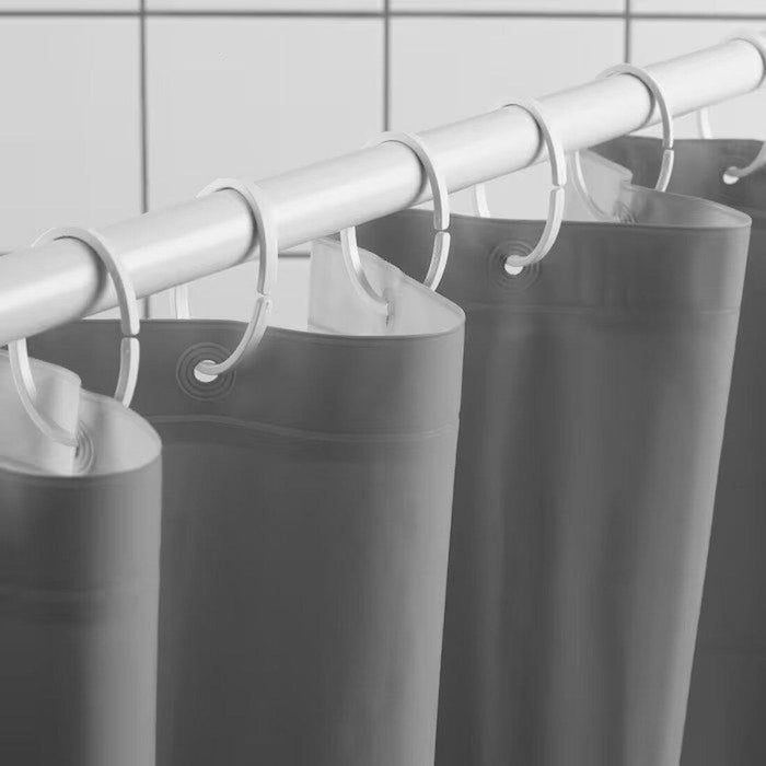 IKEA HASSJON shower curtain ring 12pack with  LUDDHAGTORN Shower curtain, grey, 180x200 cm  and BOTAREN Shower curtain rod, white, 70-120 cm