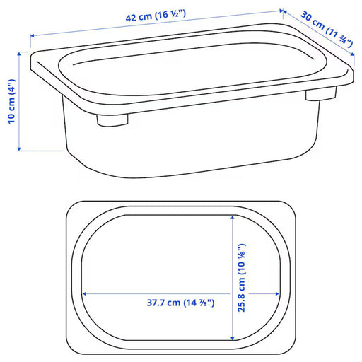 Diagram of IKEA TROFAST Storage Box in light orange, showcasing dimensions in both centimeters and inches. Box size: 42x30x10 cm (16 ½x11 ¾x4"), with inner dimensions labeled for length and width- 00582084