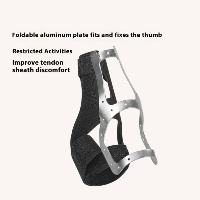 Finger holder protective sleeve with a foldable aluminum plate for thumb stabilization. Designed to restrict movement and alleviate tendon sheath discomfort. Features a combination of metal and fabric for durability and comfort.-
