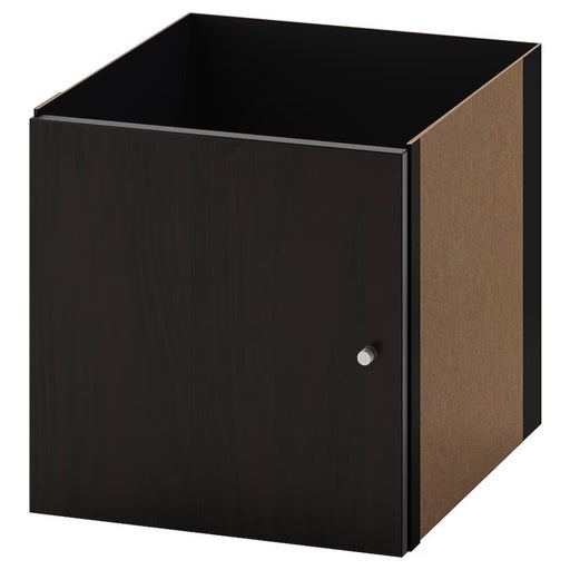 A black-brown IKEA KALLAX insert with a door, featuring a sleek, minimalist design with a round knob for easy access. The cube-shaped storage unit is designed to seamlessly fit into KALLAX shelving, providing hidden storage while maintaining a modern aesthetic. The interior is dark and empty