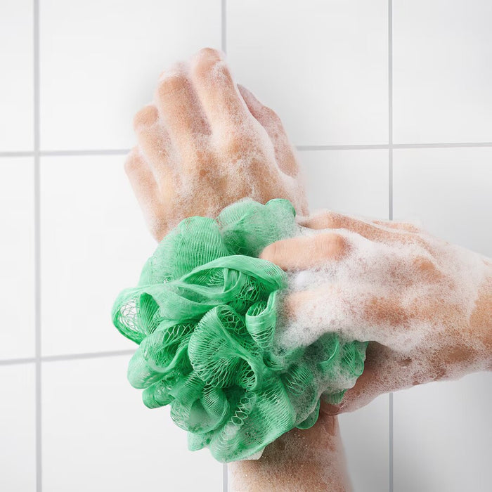 IKEA SALVIKEN Washcloth, anthracite30x30 cm pack of 2 with Soap dish, grey-green  and  Body puff, set of 3, orange/green/white and Wall shelf with suction cup, grey-green, 28 cm