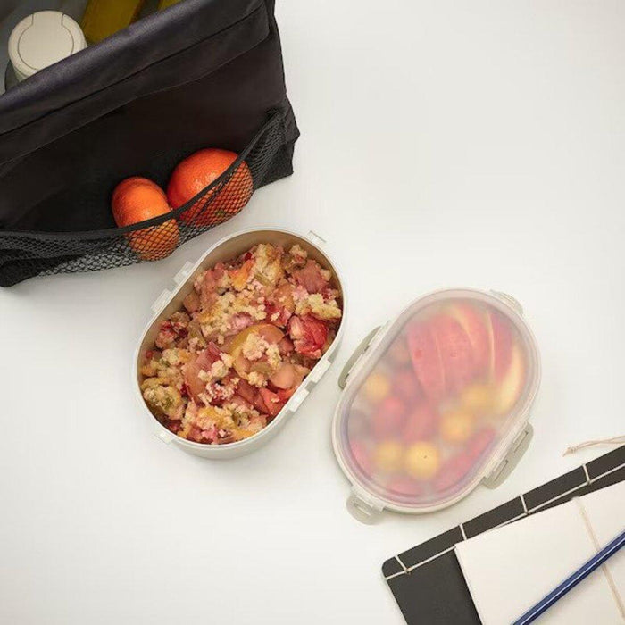 IKEA UTBJUDA Stackable lunch box for dry food, light grey-beige with Water bottle, clear glass/green, 0.5 l