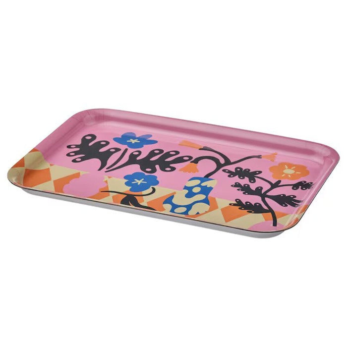 A trendy patterned/multicolour tray that complements modern home organization needs.