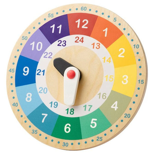 Colorful numbers and clock hands on educational wooden clock, measuring 25 cm-10515188