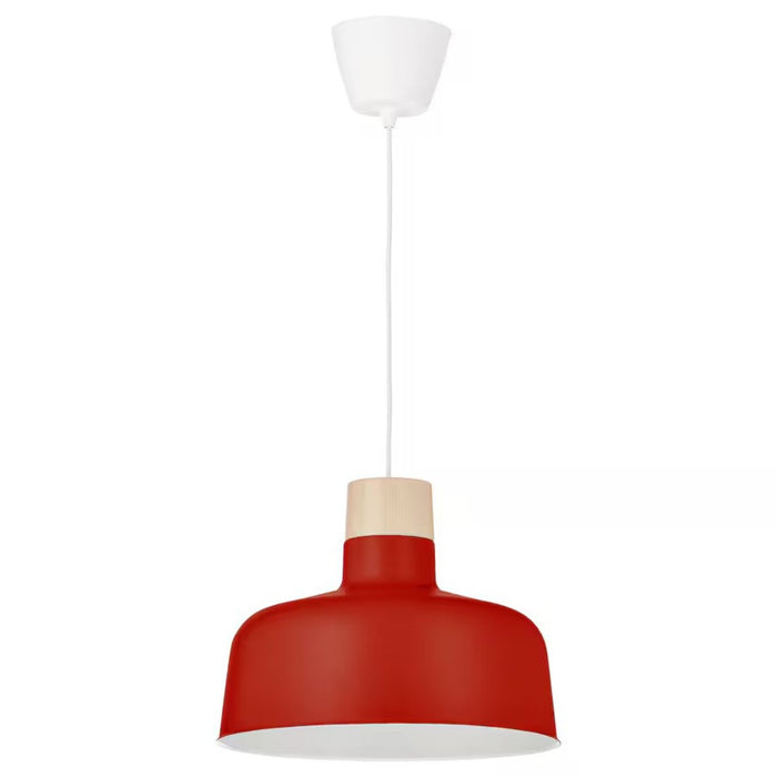 IKEA BUNKEFLO pendant lamp with red and birch wooden shade, 36 cm (14 inches) – modern Scandinavian hanging light